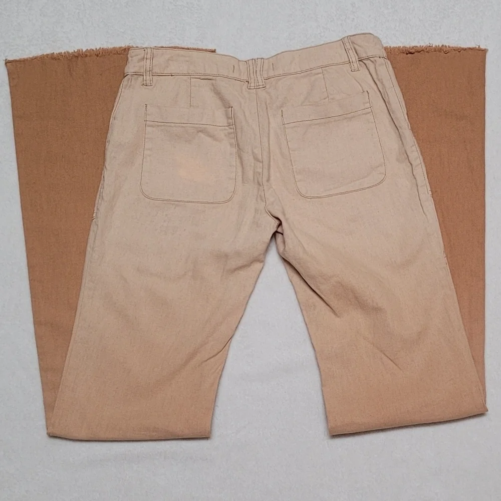 Rare Free People Beige Tan Ombre Linen Low Rise Raw Cut Bell Bottom Jeans